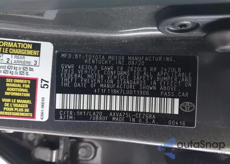 2020 Toyota Camry Xle Awd z USA, uszkodzony, nr VIN 4T1F11BK7LU011906